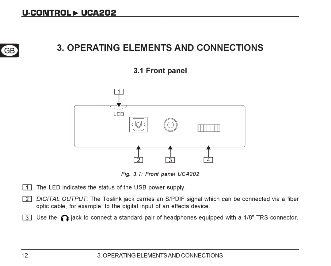 Behringer manual Control UCA202 Operating Elements and Connections, Front panel 