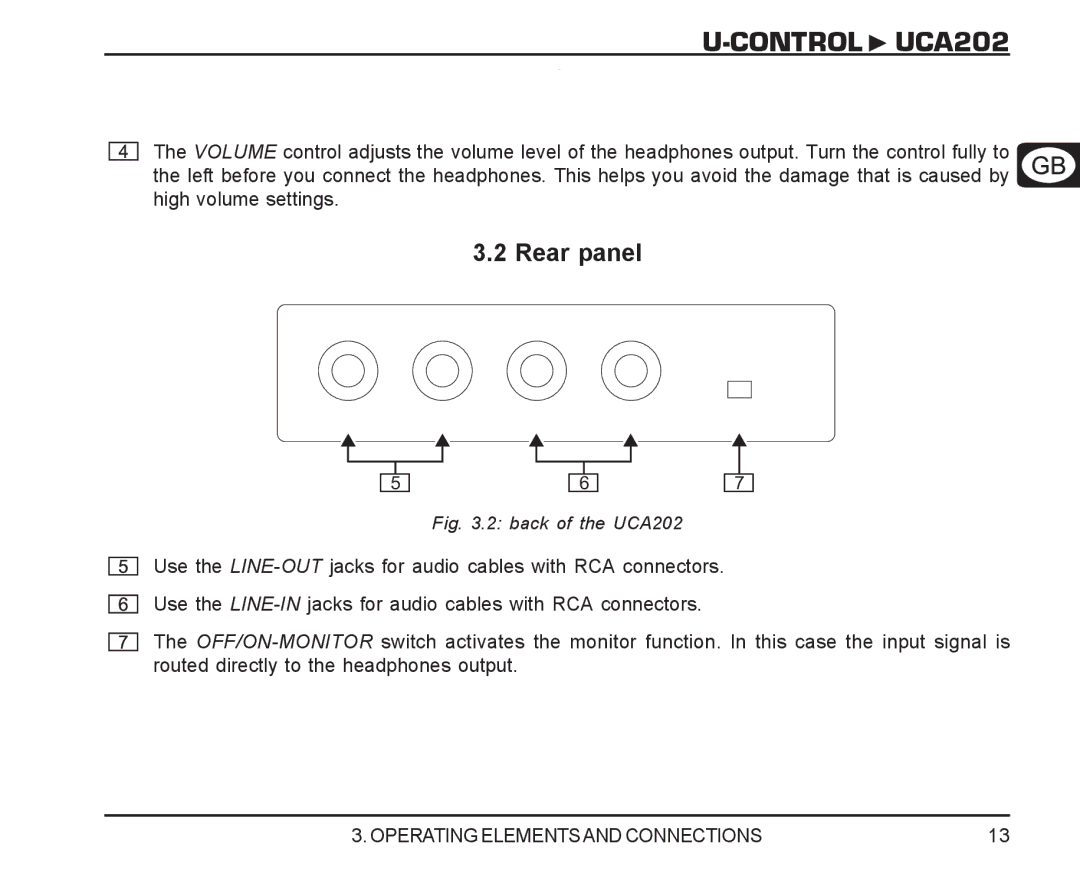 Behringer manual Rear panel, Back of the UCA202 