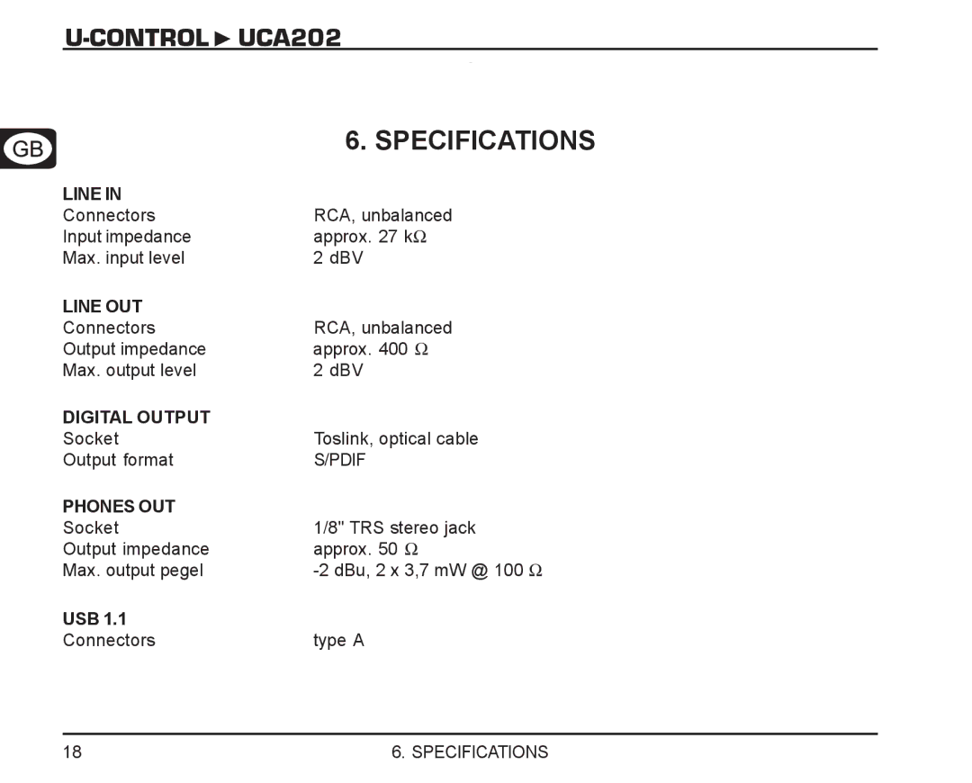 Behringer UCA202 manual Specifications, Phones OUT 