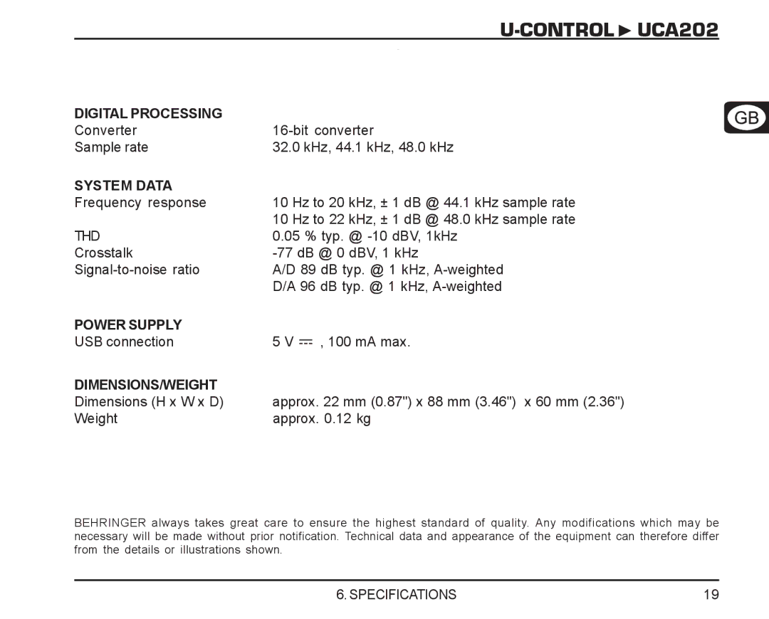 Behringer UCA202 manual Digital Processing 