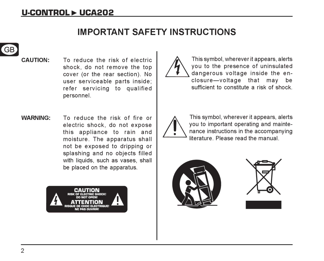 Behringer manual Control UCA202 Important Safety Instructions 