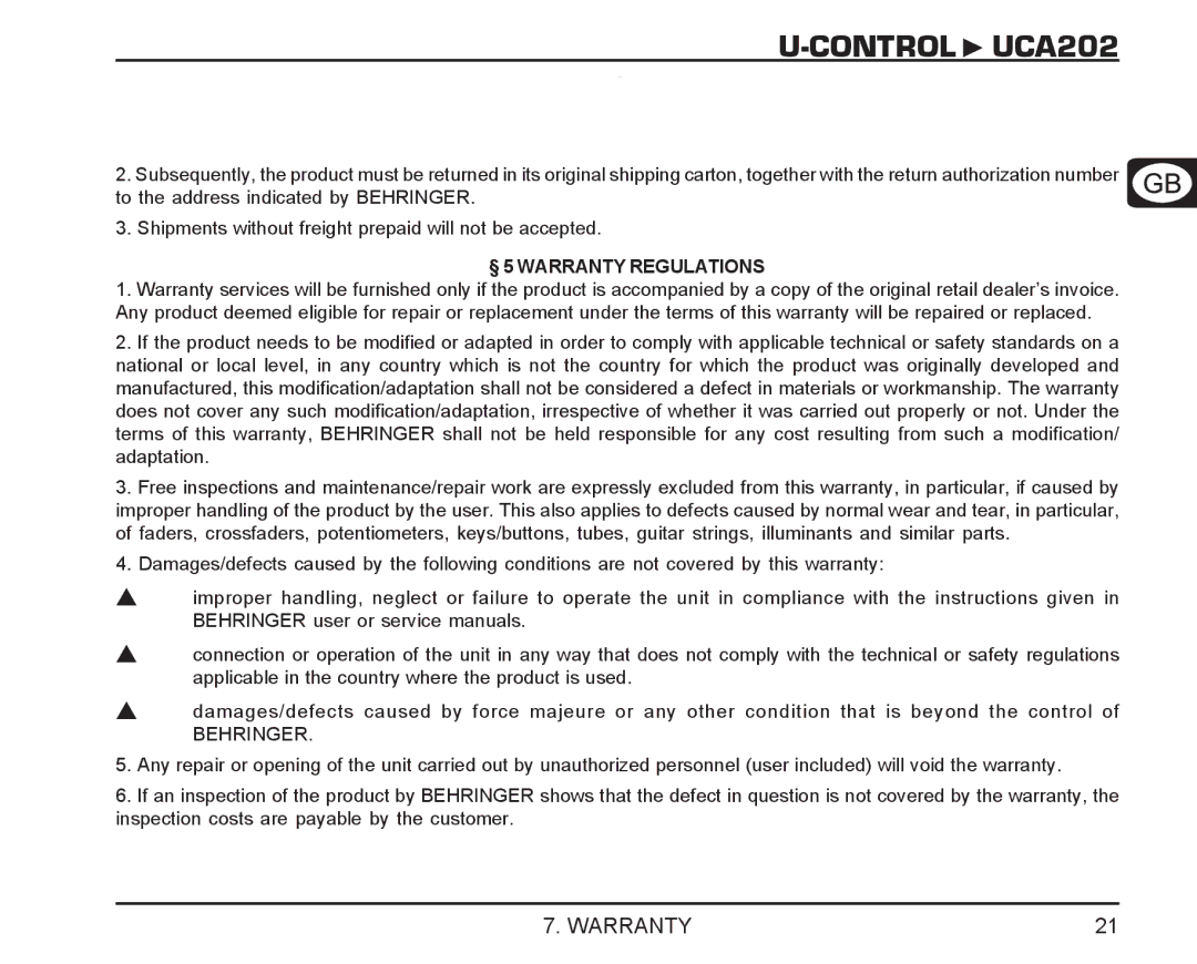 Behringer UCA202 manual § 5 Warranty Regulations 