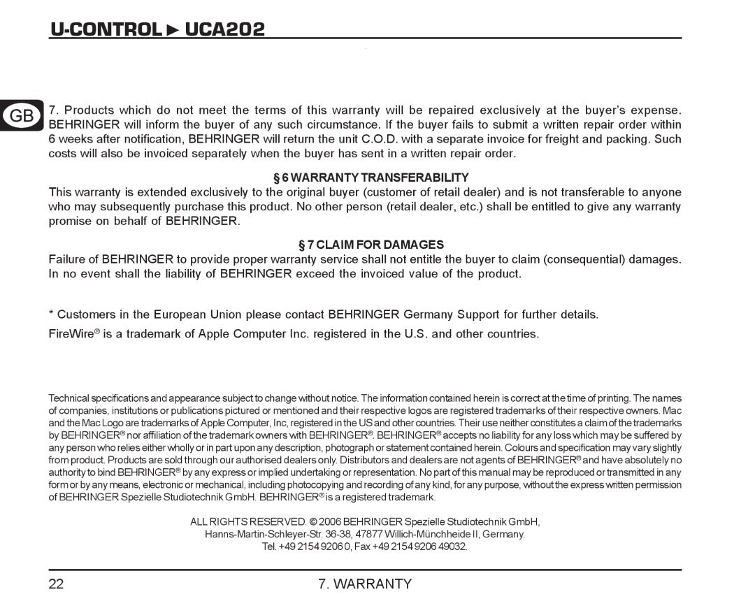 Behringer UCA202 manual § 6 Warranty Transferability 