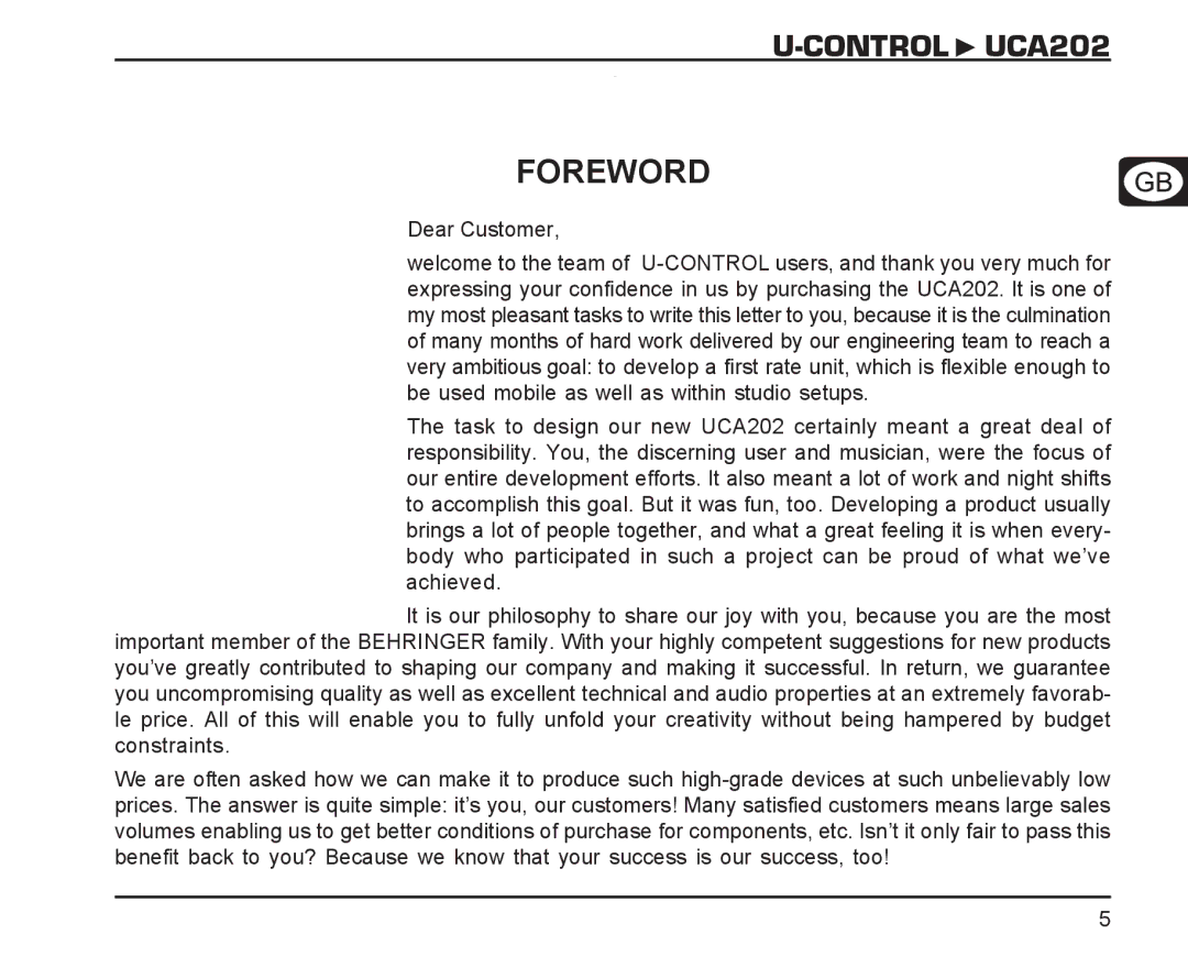 Behringer manual Control UCA202 Foreword, Dear Customer 