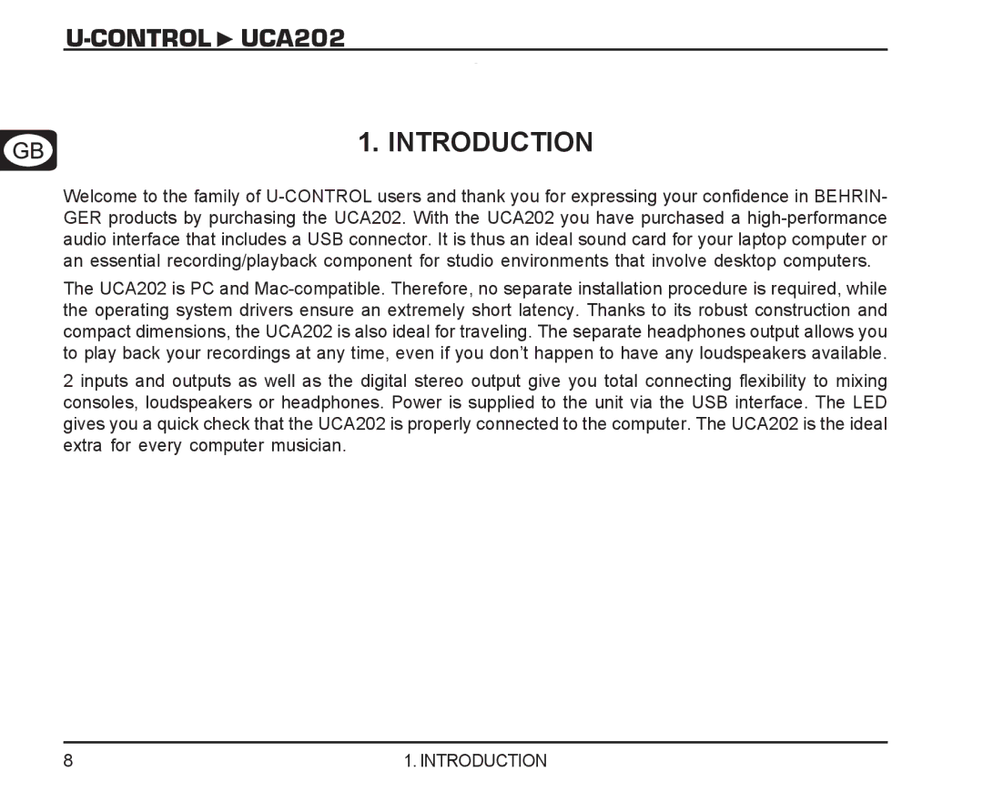 Behringer manual Control UCA202 Introduction 