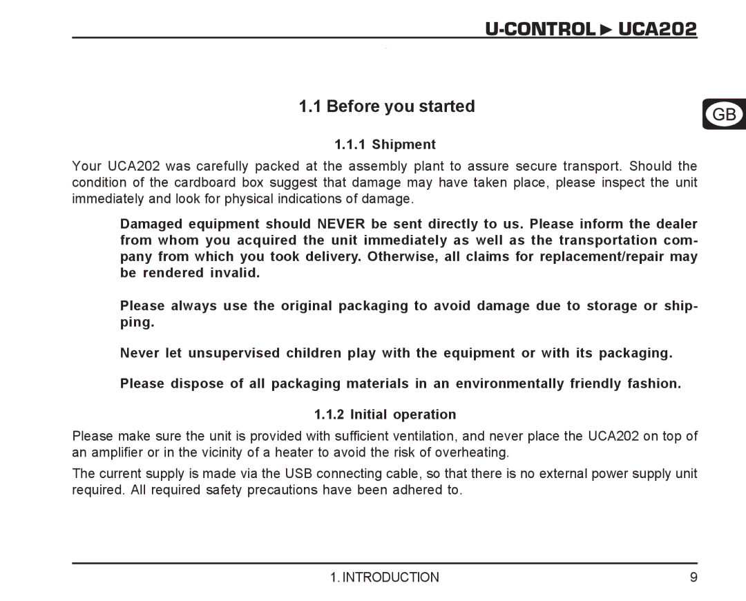 Behringer UCA202 manual Before you started, Shipment 