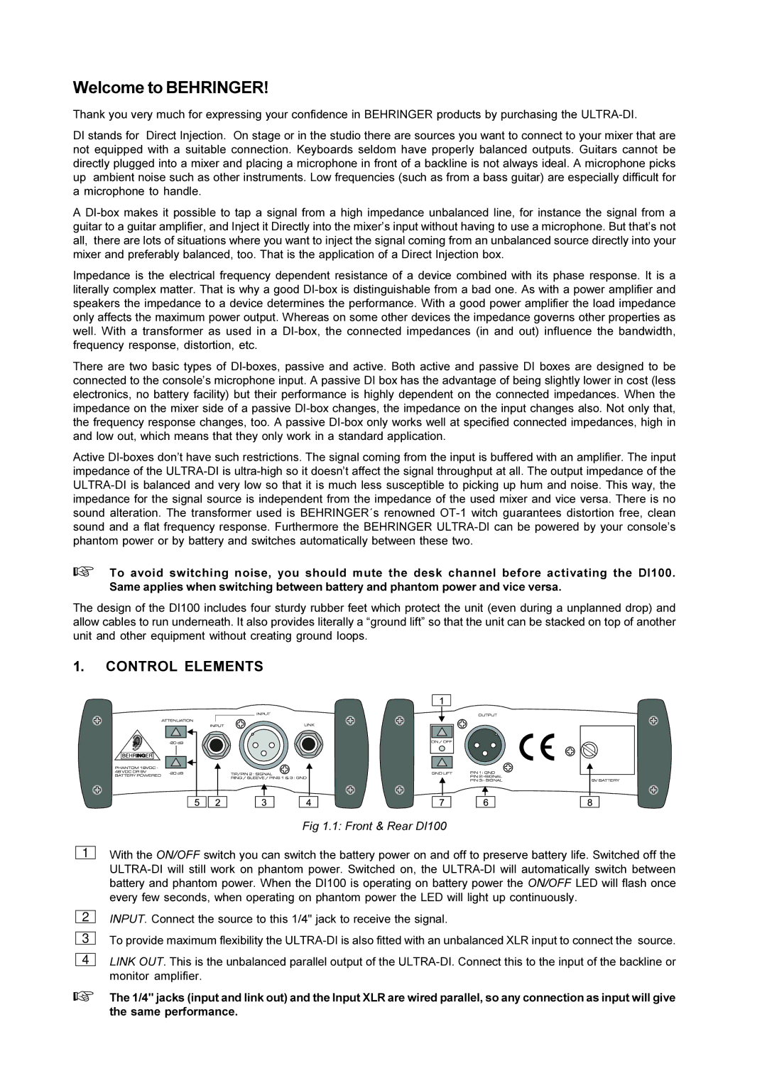 Behringer ULTRA-DI DI100 manual Control Elements, Front & Rear DI100 