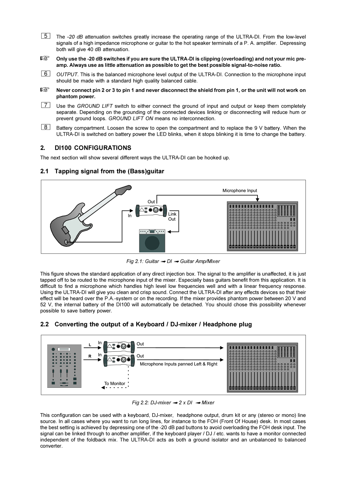 Behringer ULTRA-DI DI100 manual DI100 Configurations, Tapping signal from the Bassguitar, Guitar ß DI ß Guitar Amp/Mixer 