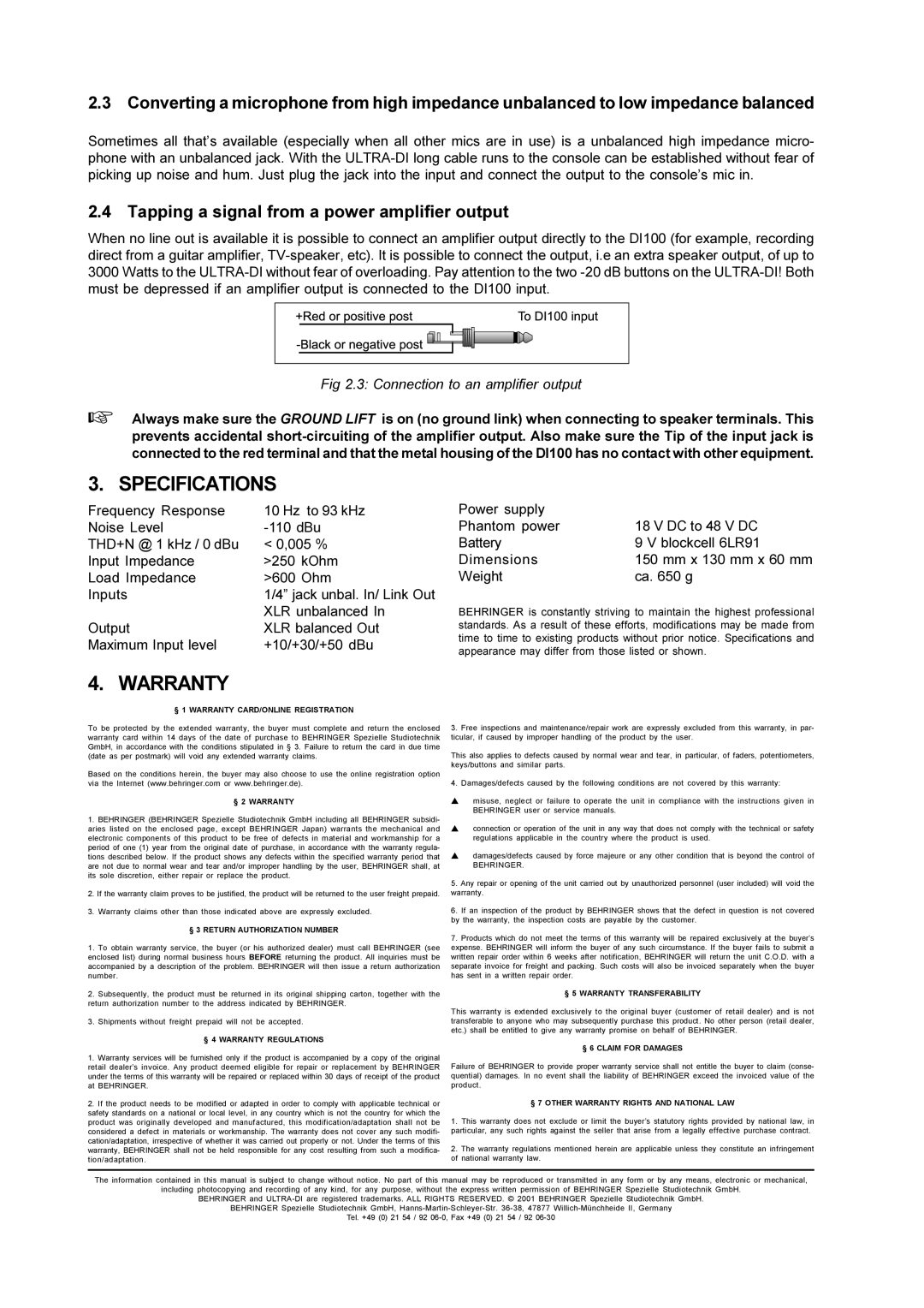 Behringer ULTRA-DI DI100 manual Tapping a signal from a power amplifier output, Connection to an amplifier output 