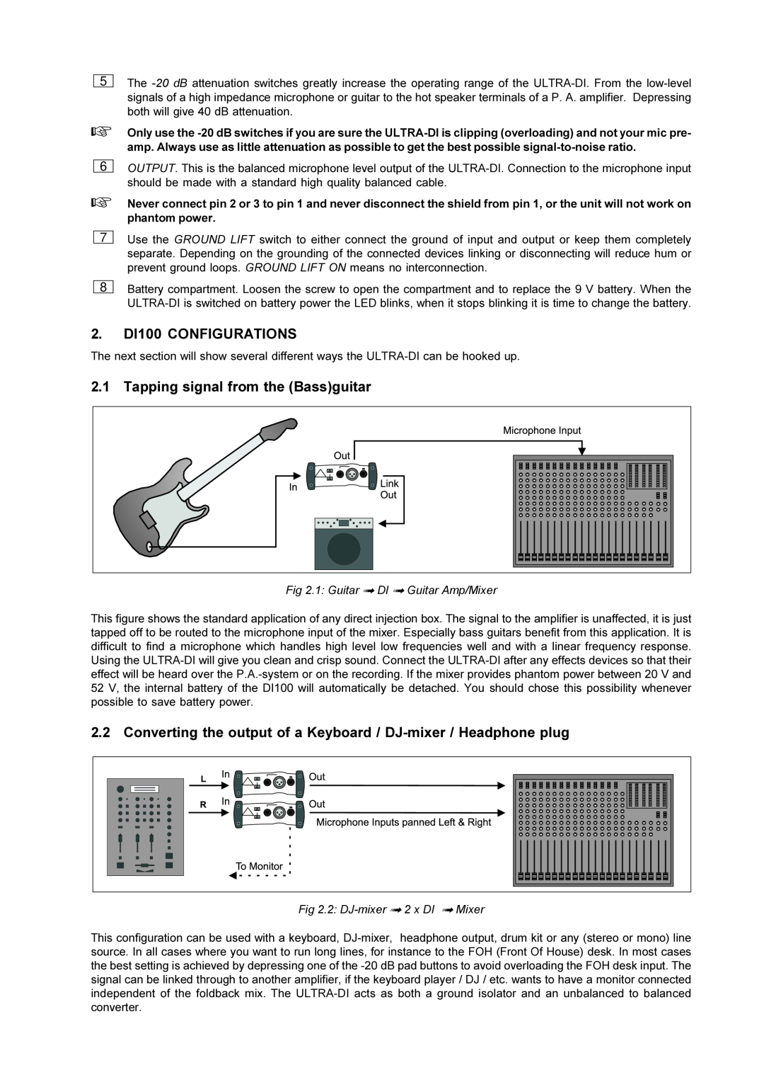 Behringer ULTRA-DI DI100 2.DI100 CONFIGURATIONS, Tapping signal from the Bassguitar, 1 Guitar ß DI ß Guitar Amp/Mixer 