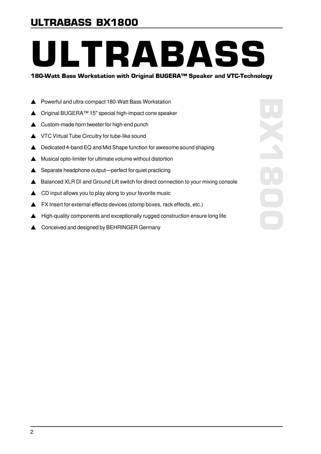 Behringer ULTRABASS BX1800 specifications Ultrabass 