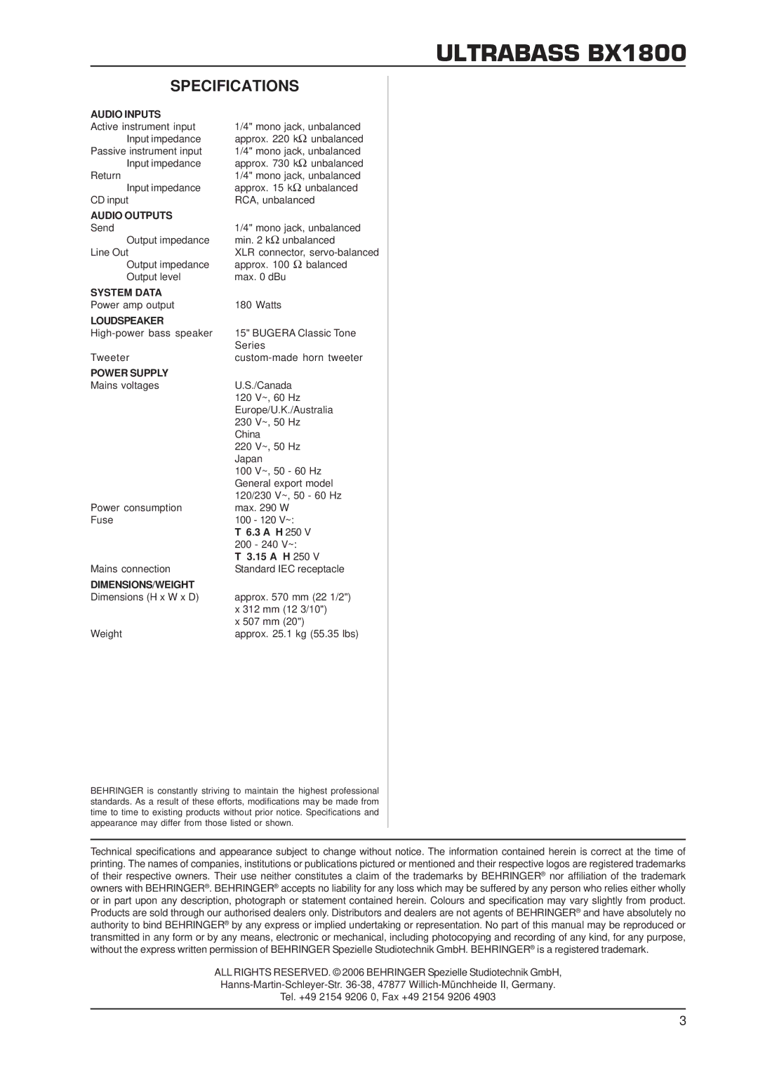 Behringer ULTRABASS BX1800 specifications Specifications 