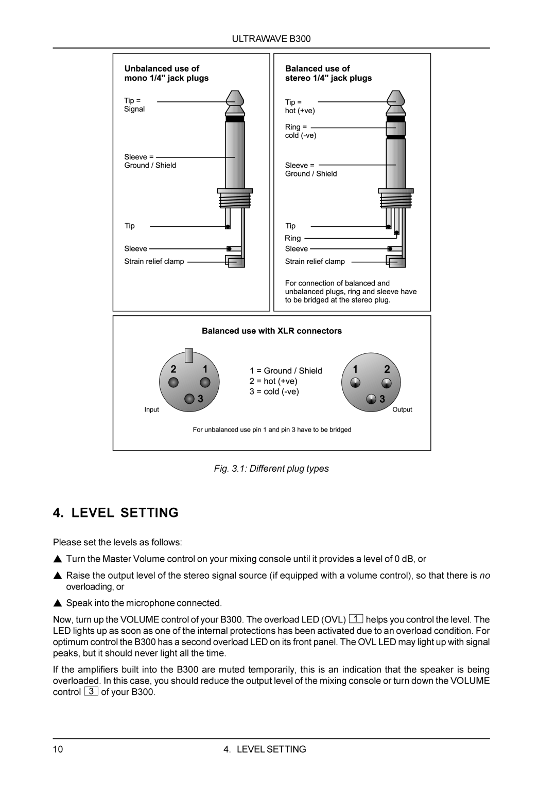 Behringer ULTRAWAVE B300 manual Level Setting, Different plug types 