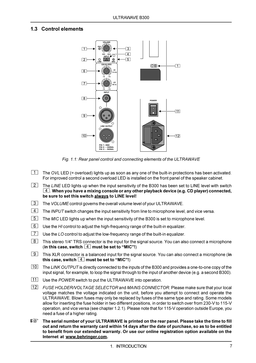 Behringer ULTRAWAVE B300 manual Control elements, Rear panel control and connecting elements of the Ultrawave 