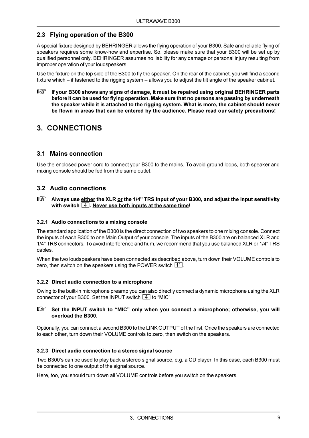 Behringer ULTRAWAVE B300 manual Connections, Flying operation of the B300, Mains connection, Audio connections 