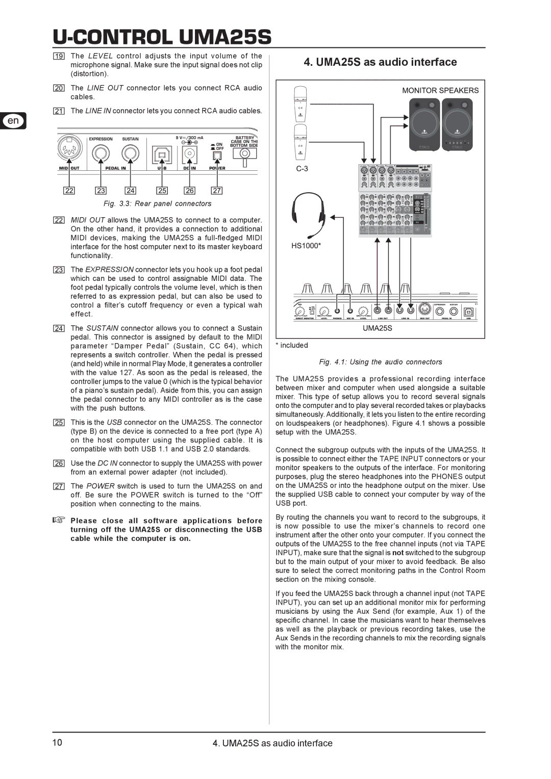 Behringer user manual UMA25S as audio interface, Rear panel connectors 