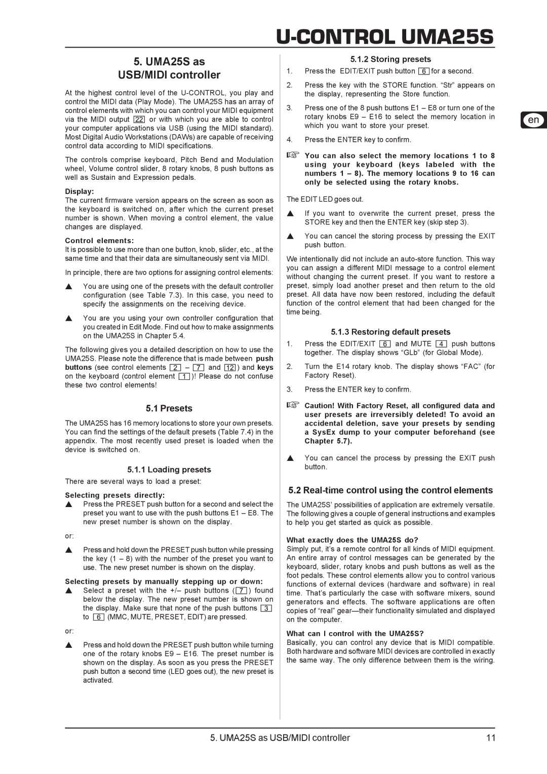 Behringer user manual UMA25S as USB/MIDI controller, Presets, Real-time control using the control elements 