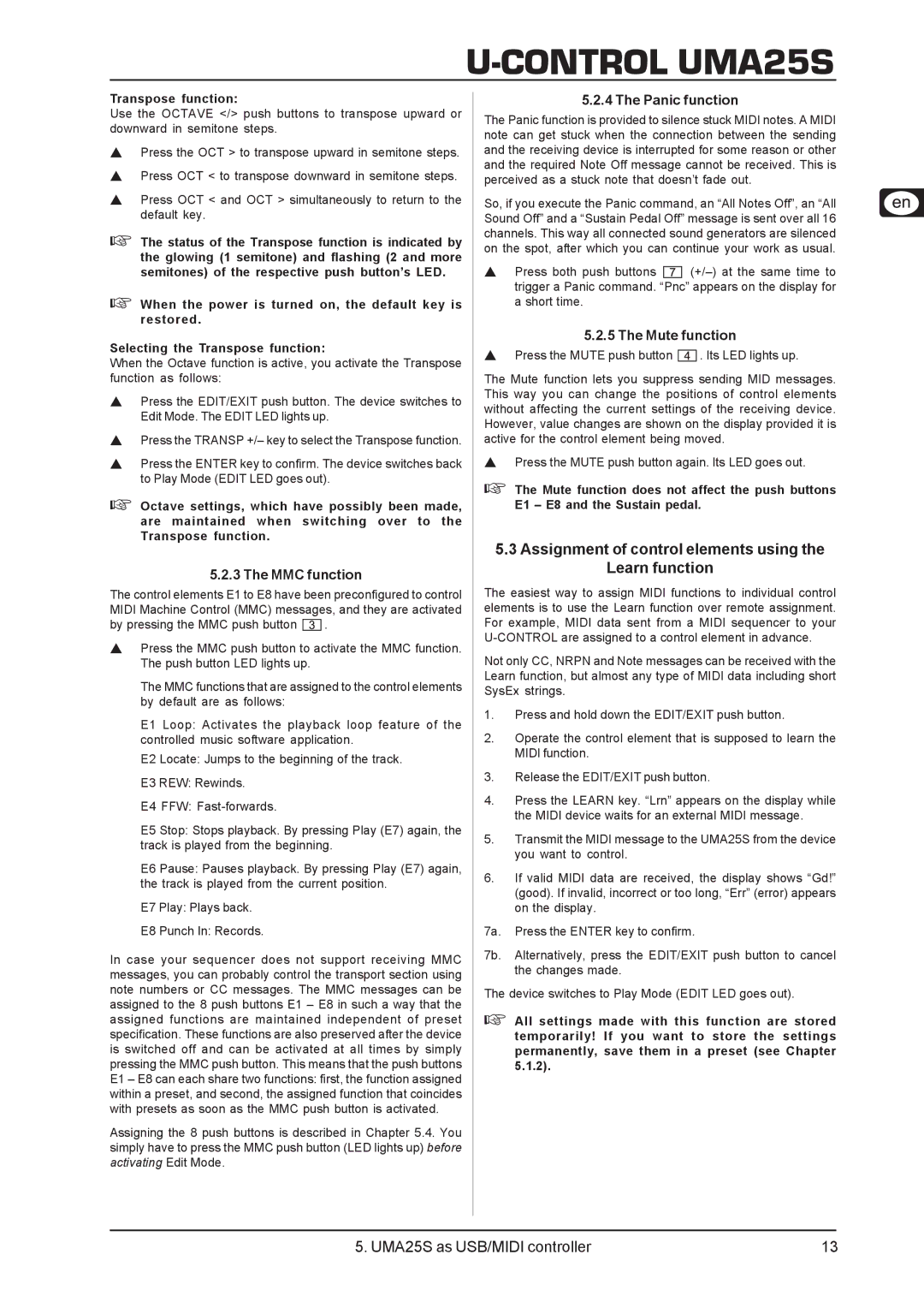 Behringer UMA25S Assignment of control elements using the Learn function, MMC function, Panic function, Mute function 