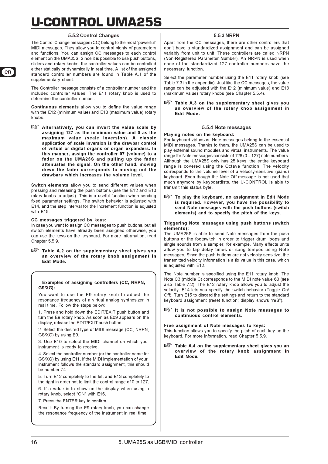 Behringer UMA25S user manual Control Changes, Nrpn, CC messages triggered by keys 