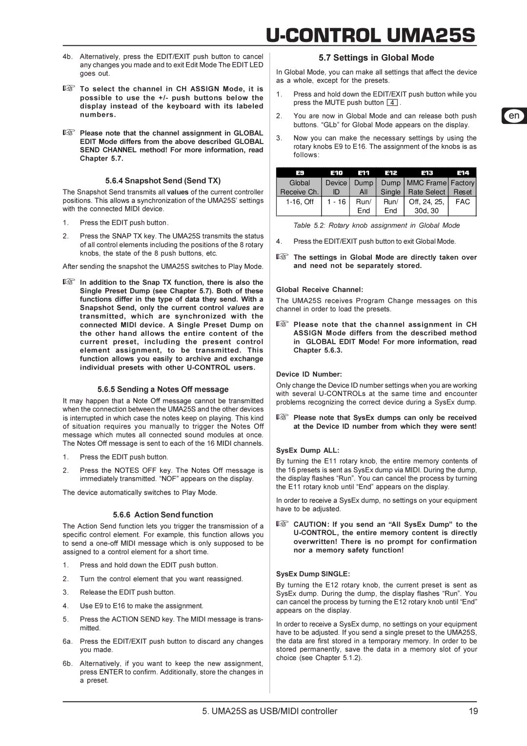 Behringer UMA25S user manual Settings in Global Mode 