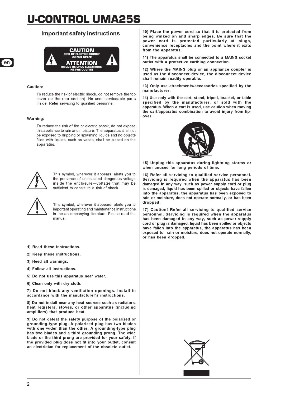 Behringer user manual Control UMA25S, Important safety instructions 