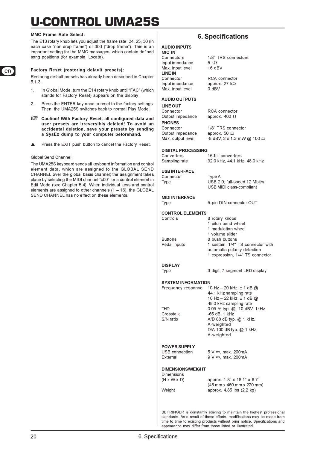 Behringer UMA25S user manual Specifications, MMC Frame Rate Select, Factory Reset restoring default presets 