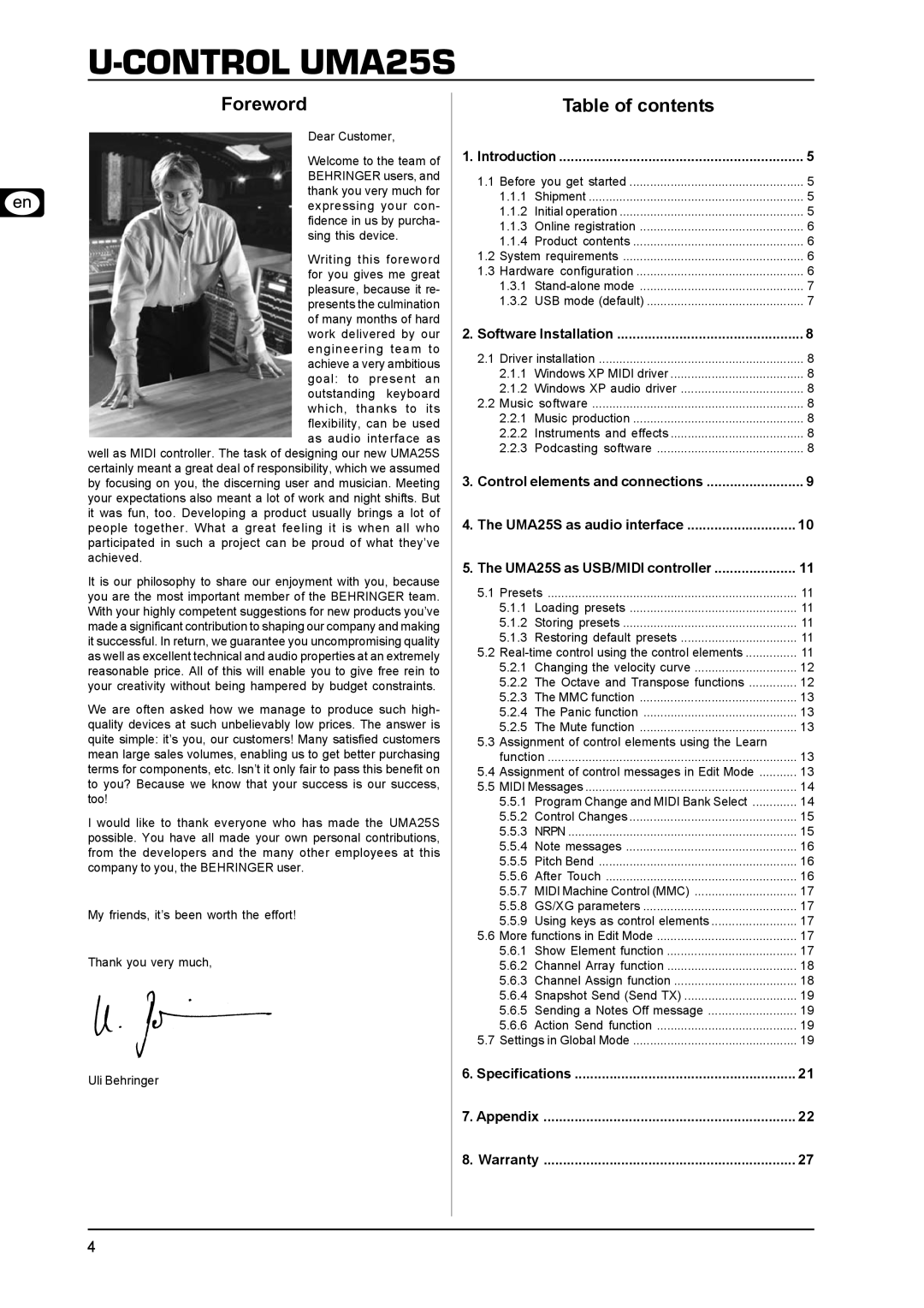 Behringer UMA25S user manual Foreword, Table of contents 