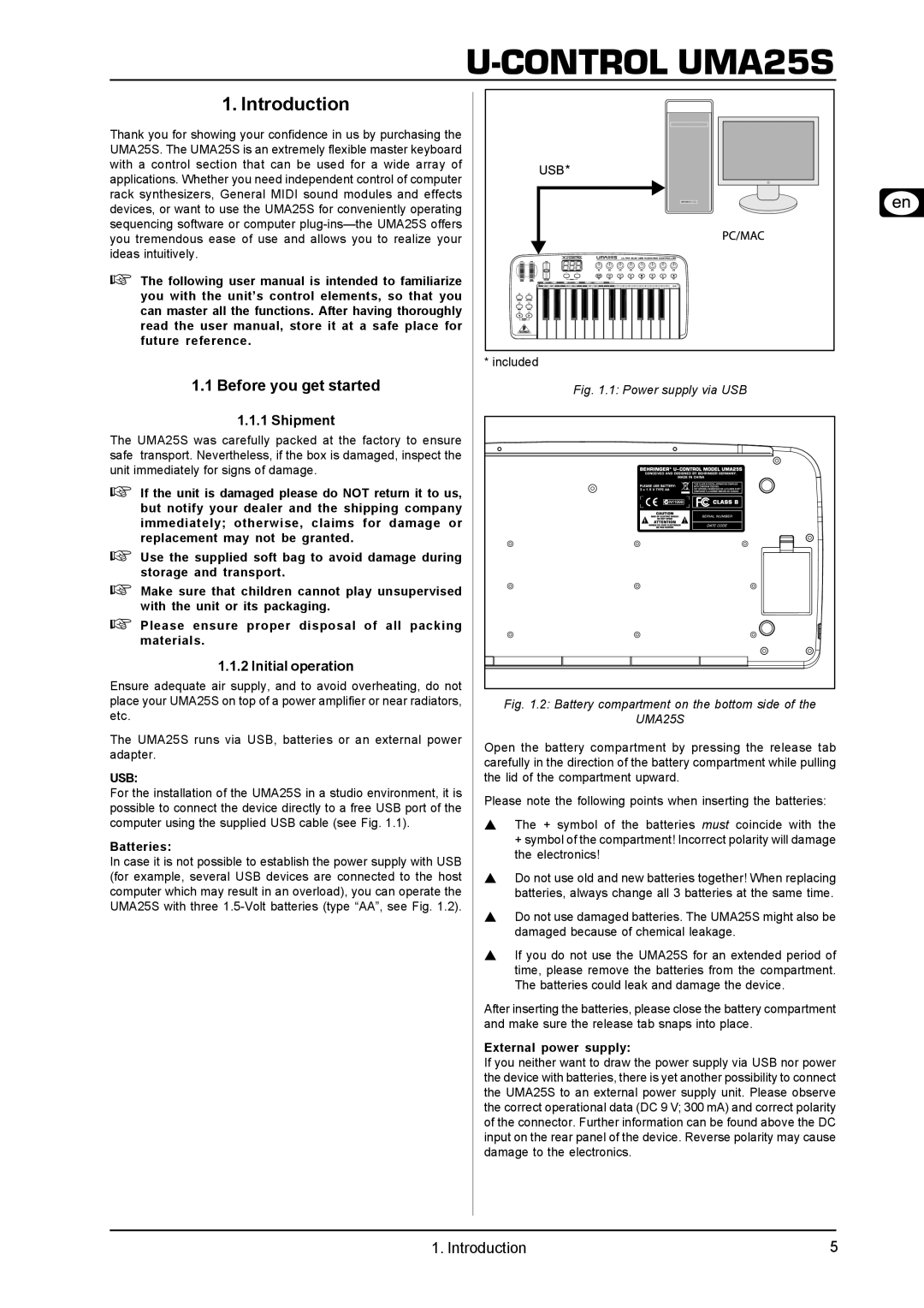 Behringer UMA25S user manual Introduction, Before you get started, Shipment, Initial operation 