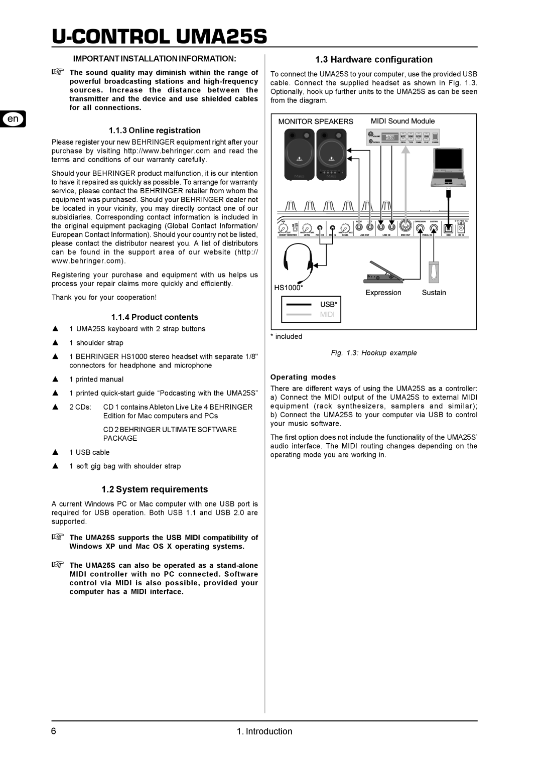 Behringer UMA25S user manual System requirements, Hardware configuration, Online registration, Product contents 