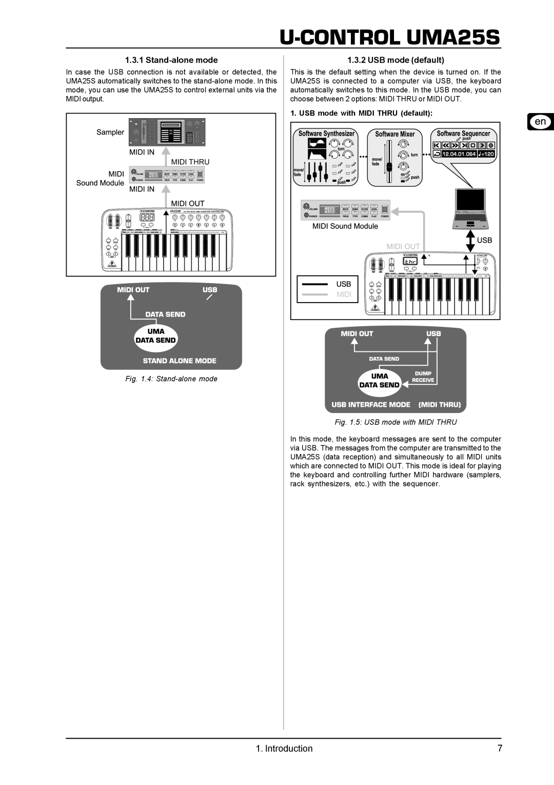 Behringer UMA25S user manual Stand-alone mode, USB mode default, USB mode with Midi Thru default 