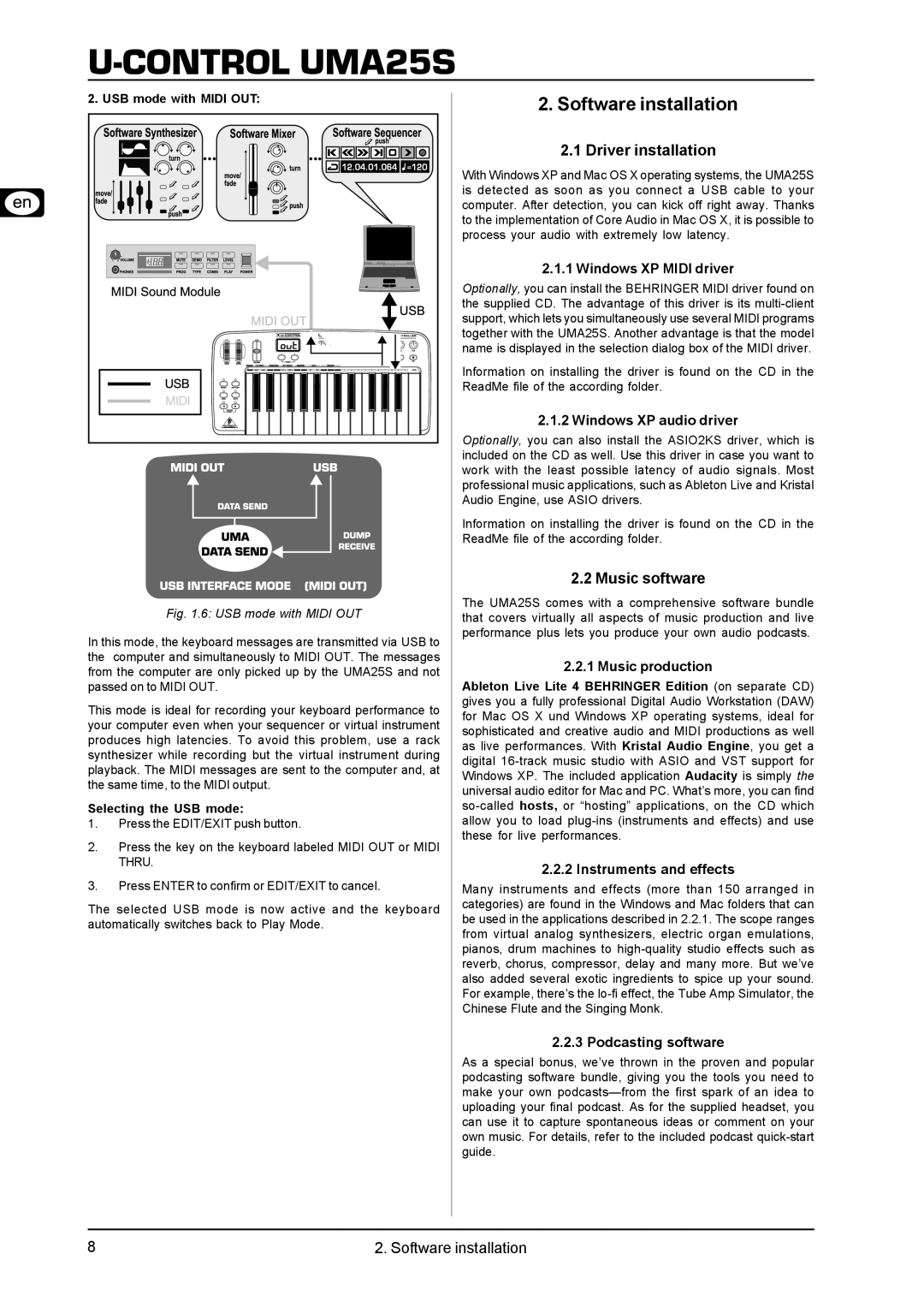 Behringer UMA25S user manual Software installation, Driver installation, Music software 