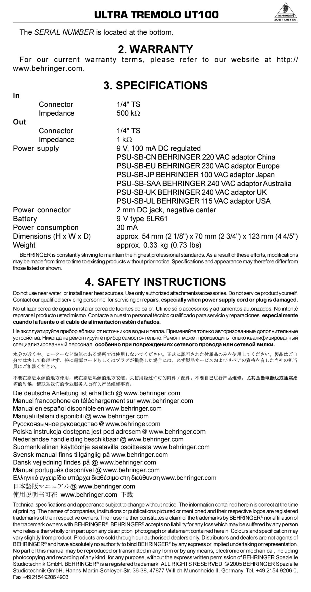 Behringer UT100 manual Warranty Specifications, Safety Instructions, Serial Number is located at the bottom 