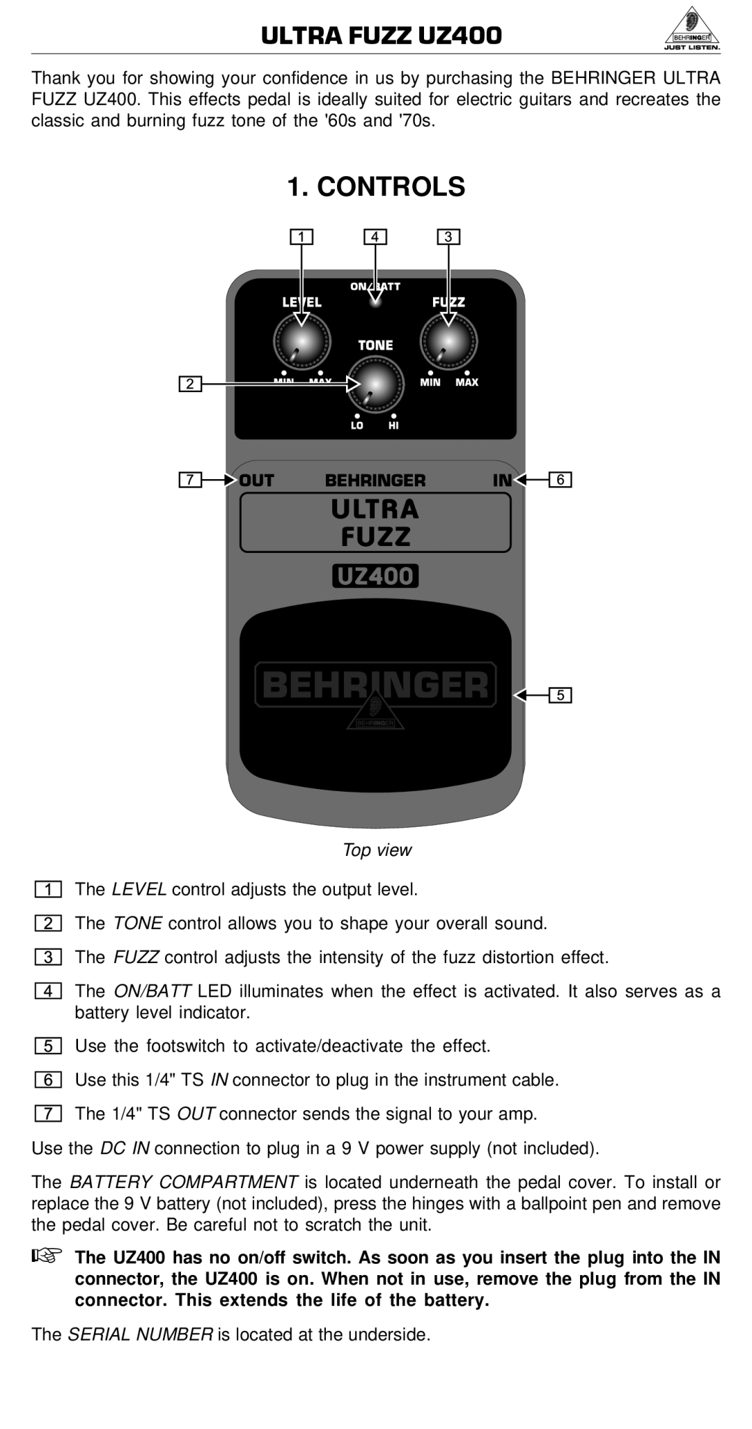 Behringer manual Ultra Fuzz UZ400, Controls, Top view, Serial Number is located at the underside 