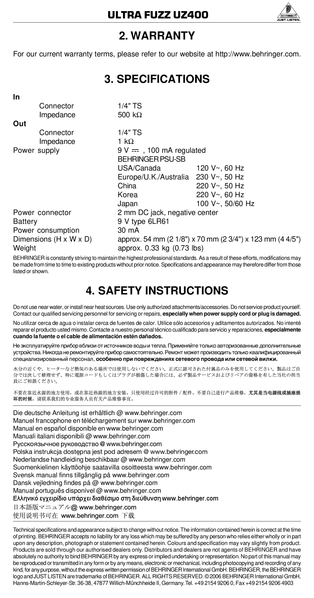 Behringer manual Ultra Fuzz UZ400 Warranty Specifications, Safety Instructions, Out, Behringer PSU-SB 