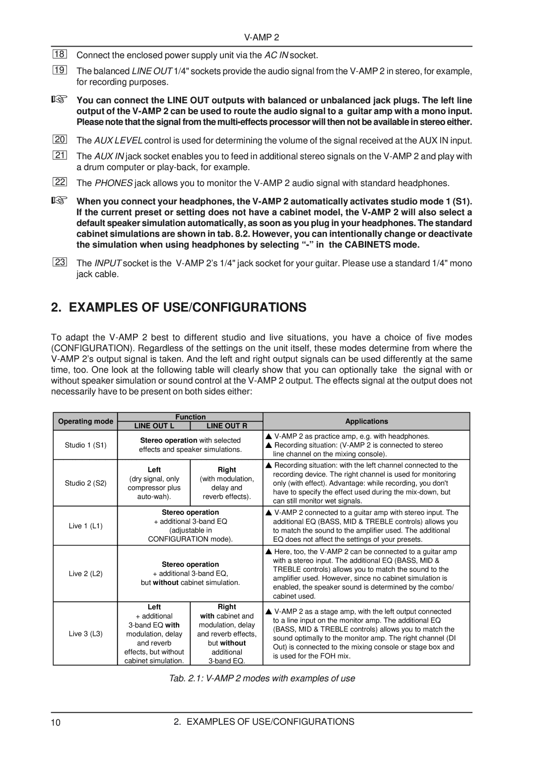 Behringer V-AMP2 user manual Examples of USE/CONFIGURATIONS, Line OUT L Line OUT R 