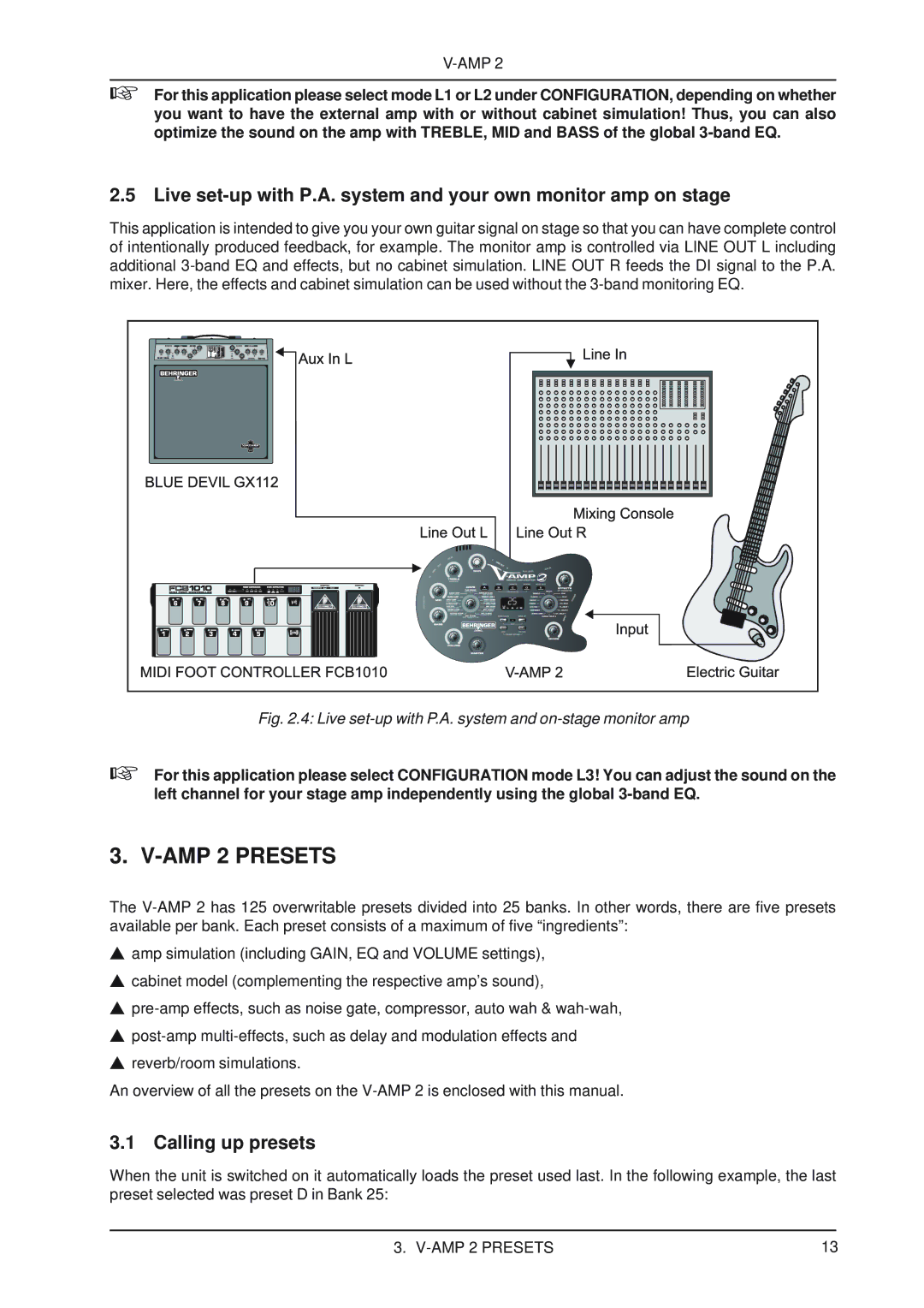 Behringer V-AMP2 user manual AMP 2 Presets, Calling up presets 