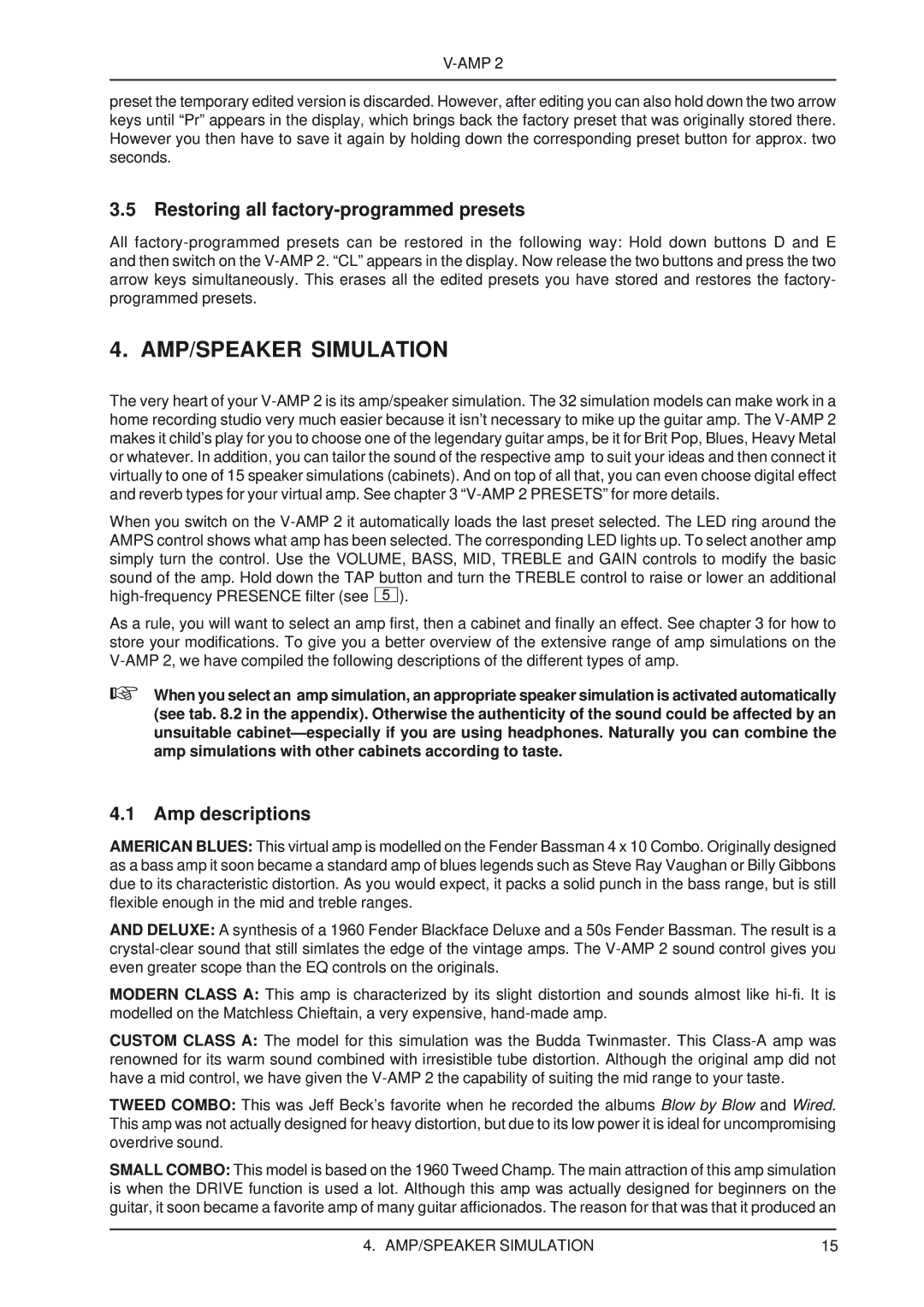 Behringer V-AMP2 user manual AMP/SPEAKER Simulation, Restoring all factory-programmed presets, Amp descriptions 