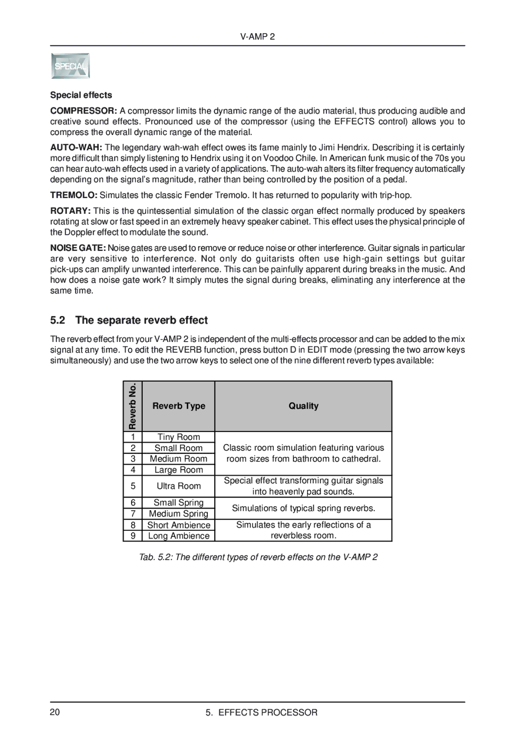 Behringer V-AMP2 user manual Separate reverb effect, Special effects, Reverb Reverb Type Quality 