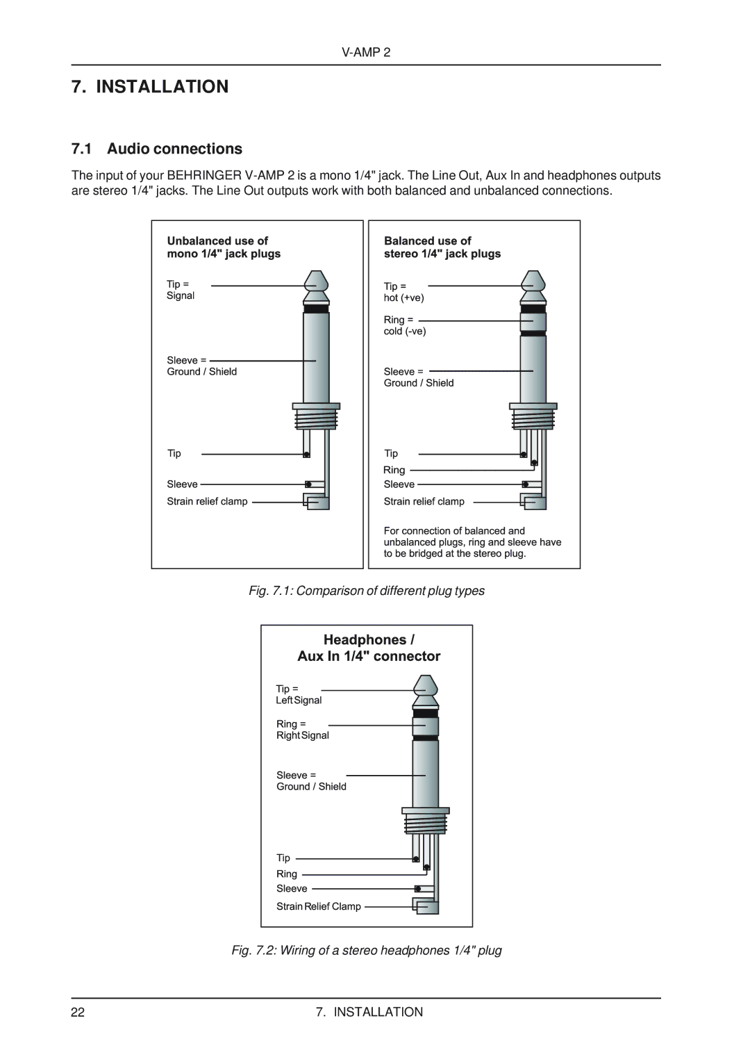 Behringer V-AMP2 user manual Installation, Audio connections 