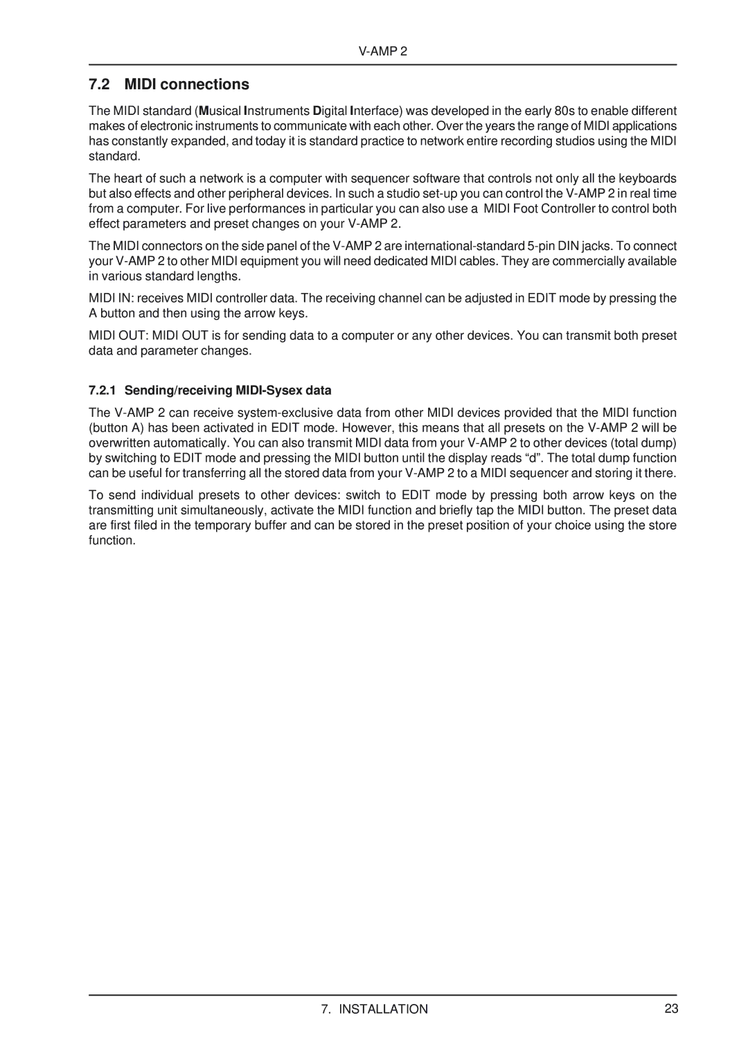 Behringer V-AMP2 user manual Midi connections, Sending/receiving MIDI-Sysex data 