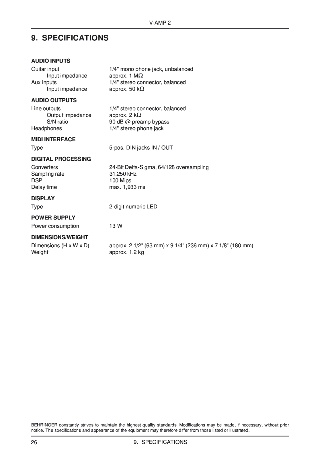 Behringer V-AMP2 user manual Specifications, Audio Inputs 