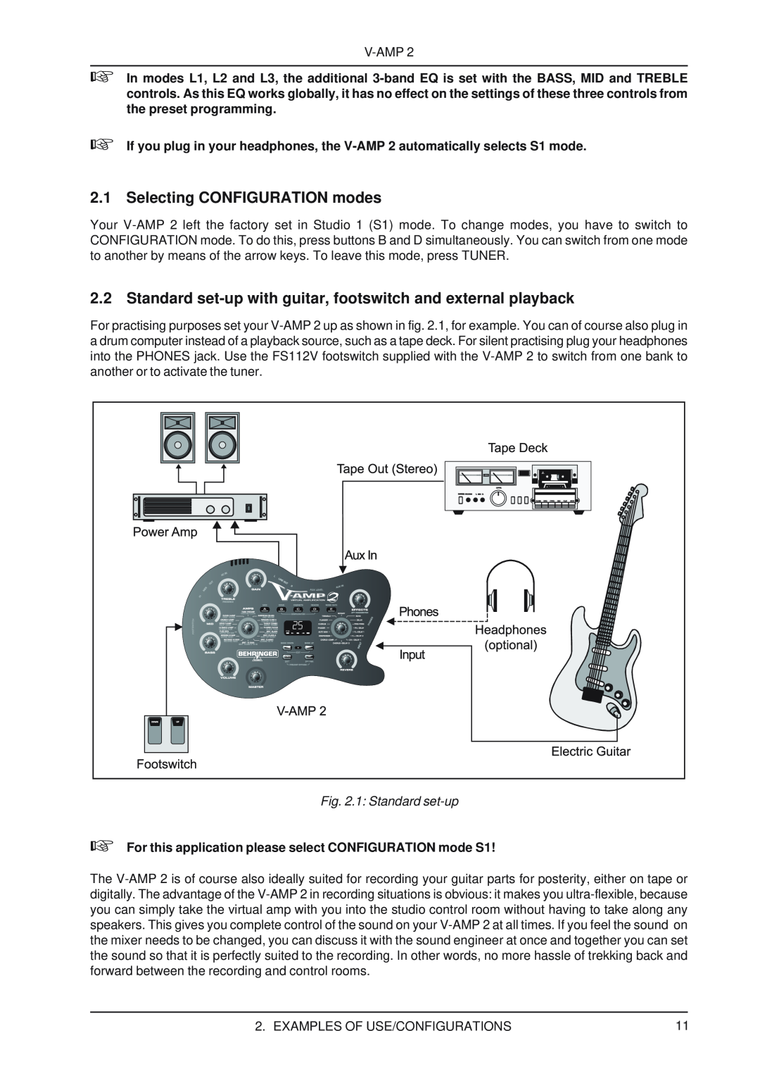 Behringer V-AMP2 user manual Selecting CONFIGURATION modes, 1 Standard set-up 
