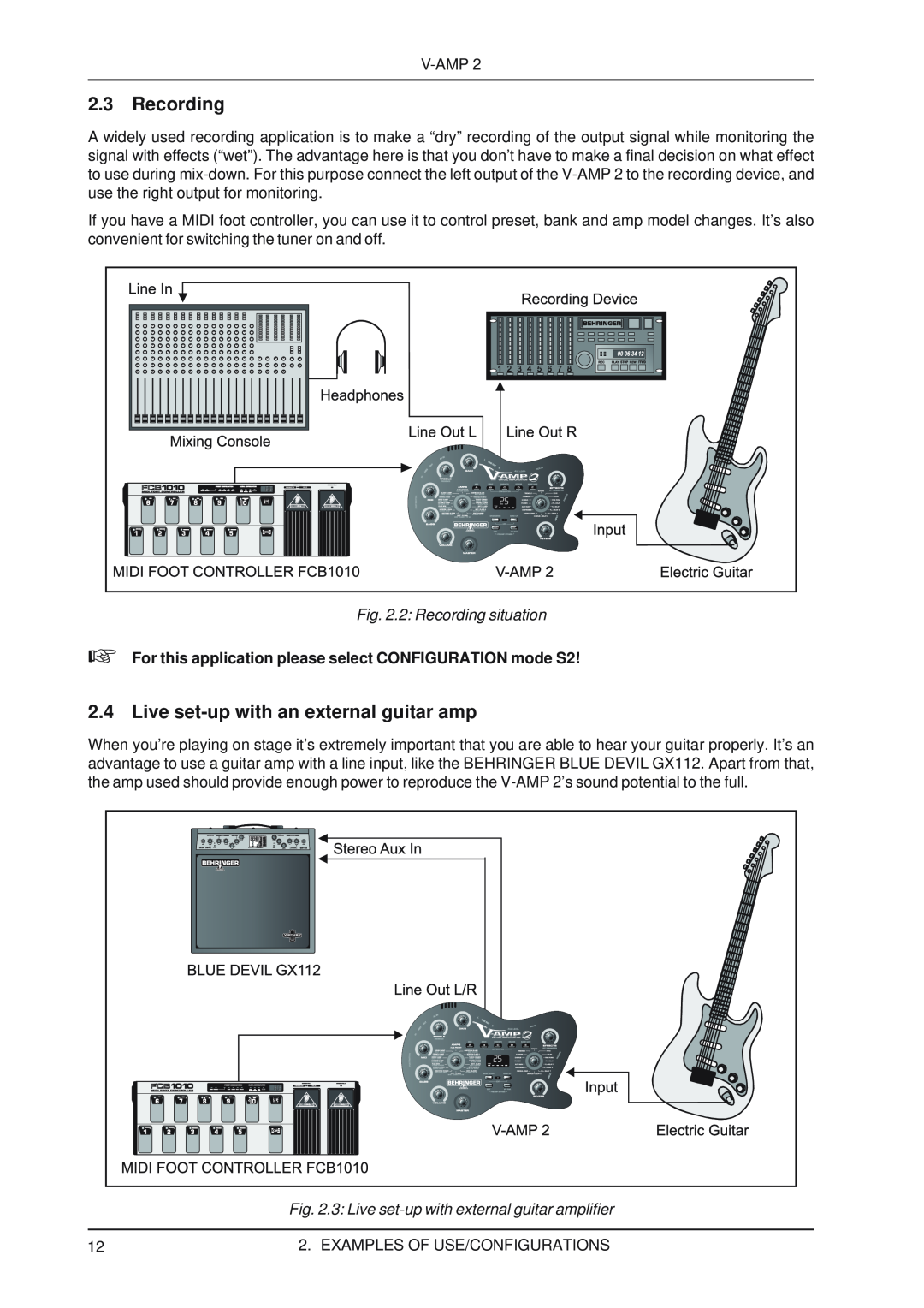 Behringer V-AMP2 user manual Live set-upwith an external guitar amp, 2 Recording situation 