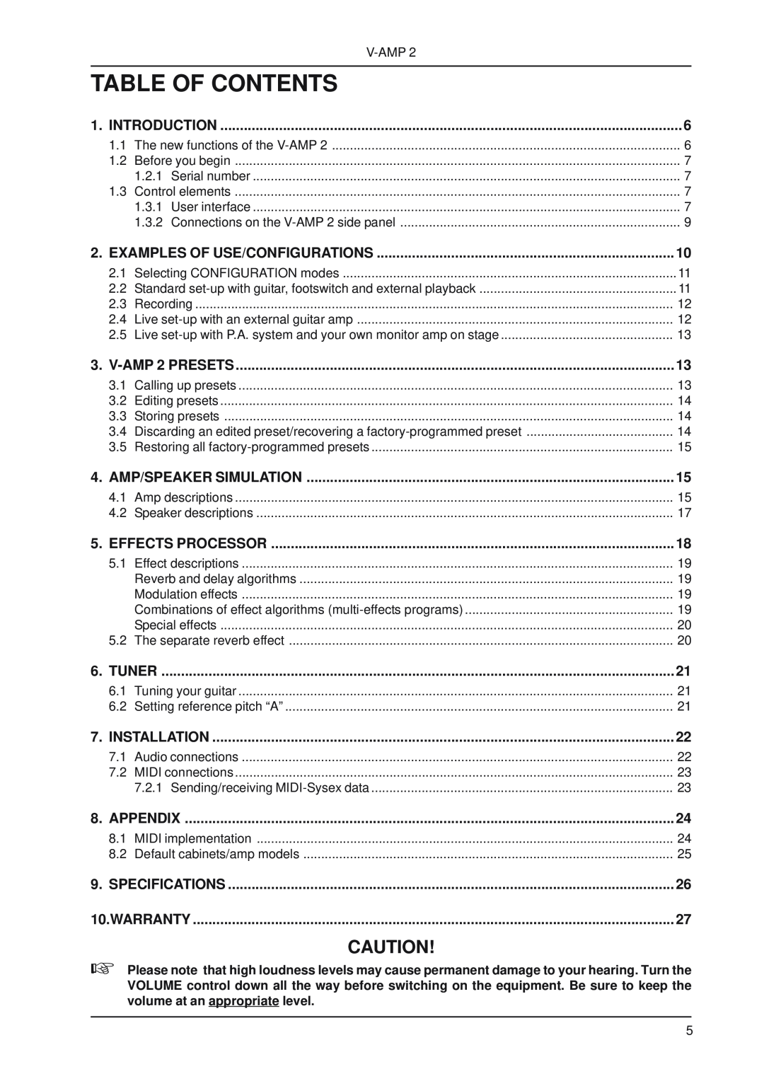 Behringer V-AMP2 user manual Table Of Contents 