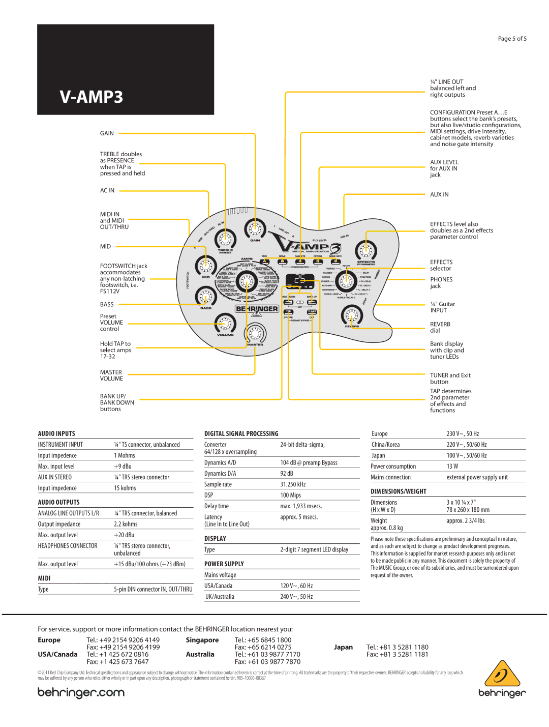 Behringer V-Amp3 Audio Inputs, Audio Outputs, Midi, Digital Signal Processing, Display, Power Supply, Dimensions/Weight 