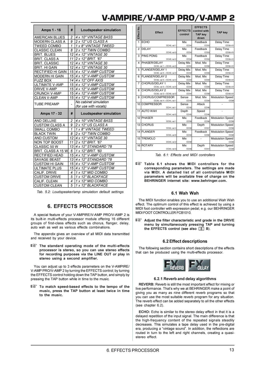 Behringer V-AMP PRO, V-AMPIRE, V-AMP 2 manual Effects Processor, Midi Foot Controller FCB1010 