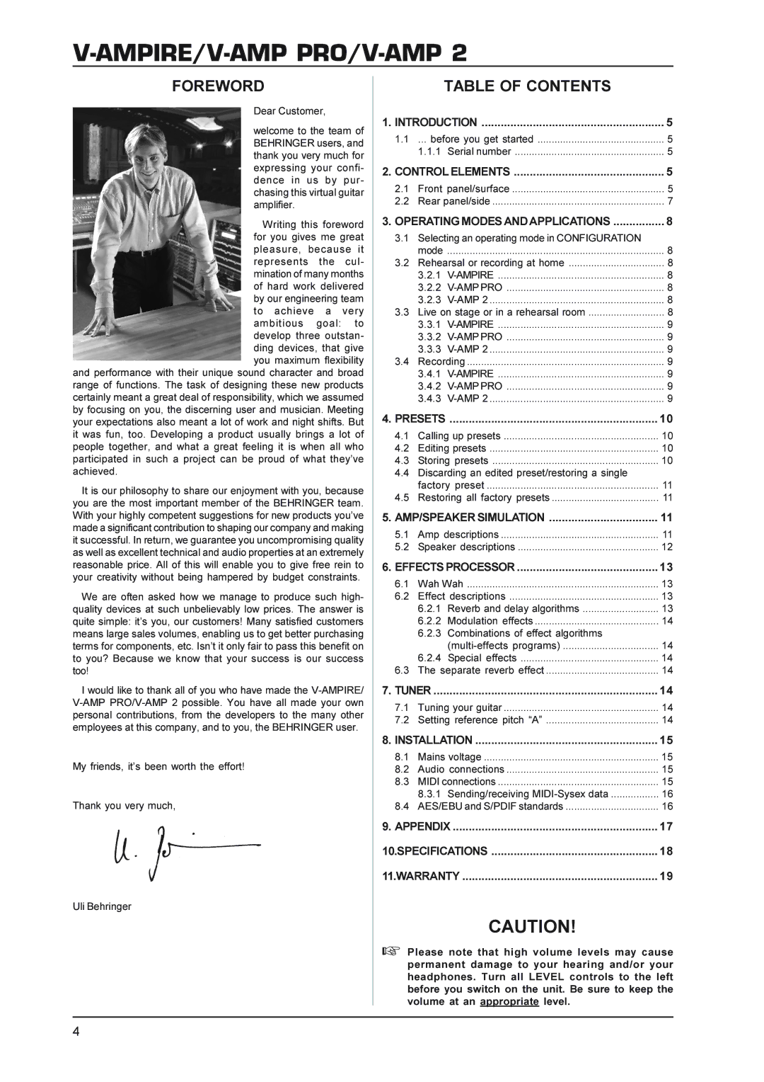 Behringer V-AMP PRO, V-AMPIRE, V-AMP 2 manual Foreword, Table of Contents 