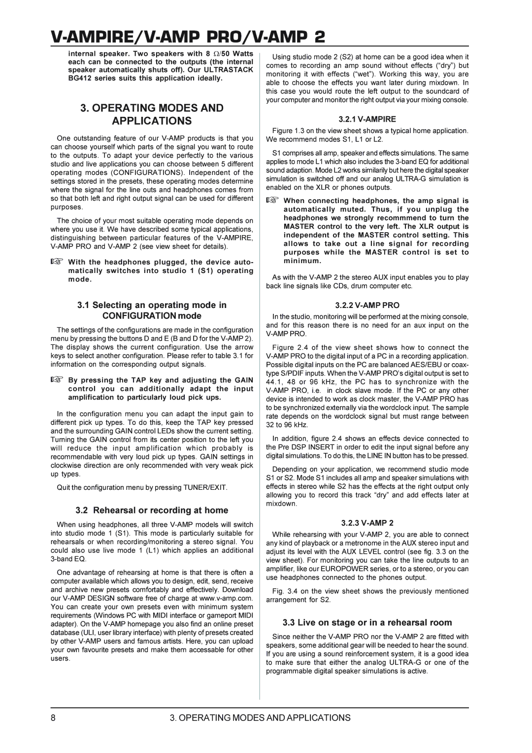 Behringer V-AMP 2, V-AMPIRE, V-AMP PRO Operating Modes and Applications, Selecting an operating mode in Configuration mode 