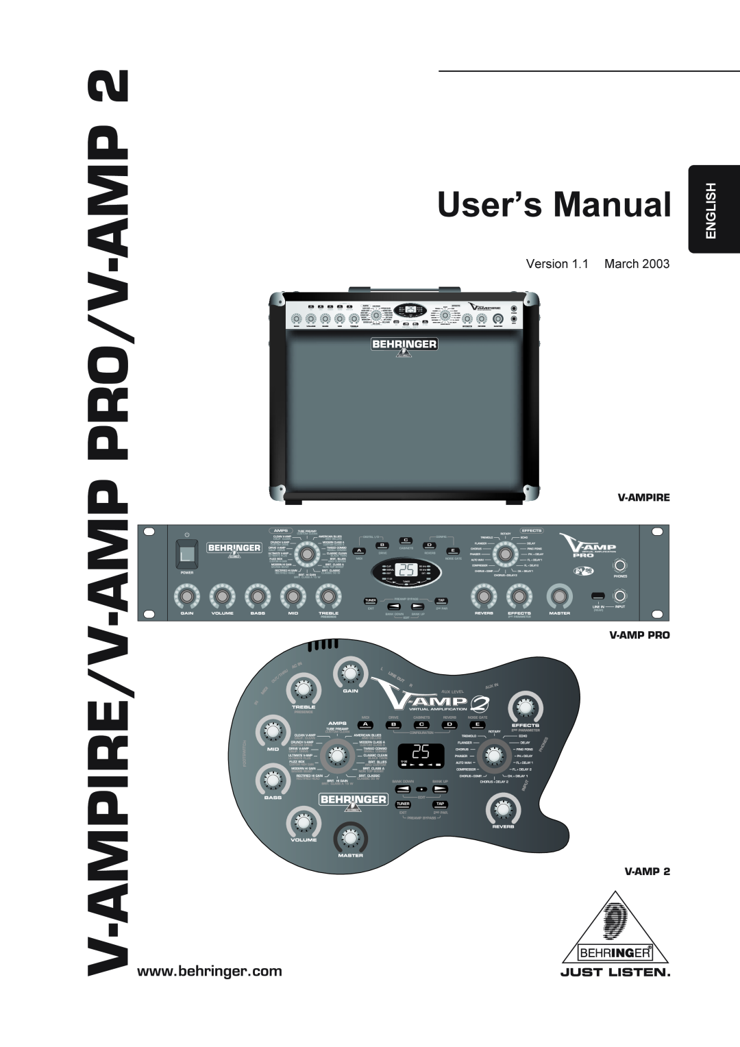 Behringer V-AMP PRO manual Version 1.1 March, User’s Manual, English, V-Ampire V-Amp Pro V-Amp, V-Ampire/V-Amp Pro/V-Amp 