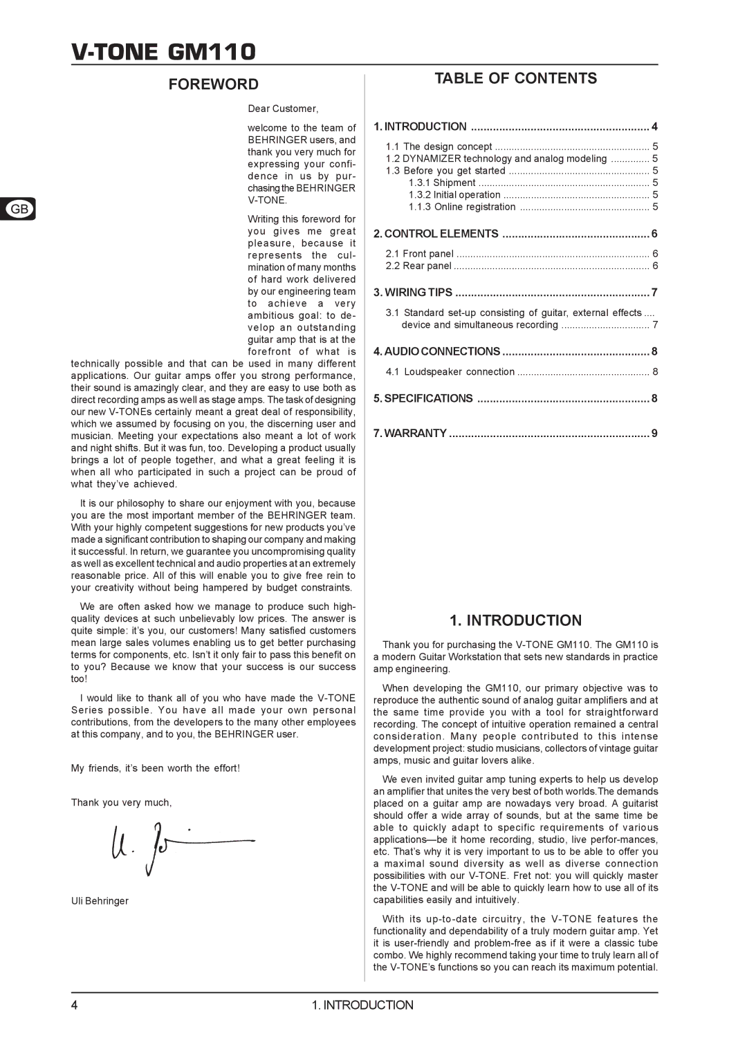Behringer V-TONE GM110 user manual Foreword, Table of Contents, Introduction 